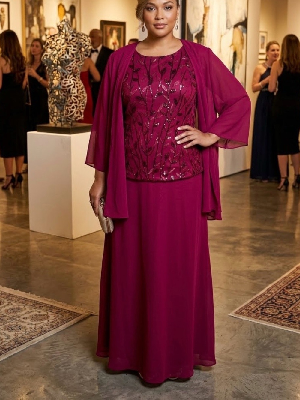 Elegant Plus-Size Burgundy Sequin Embellished Skirt Set